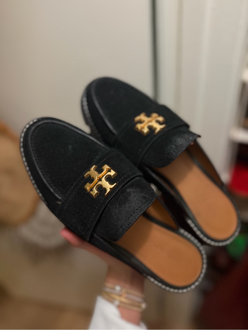Tory Burch Black Suede Loafers with Gold Logo